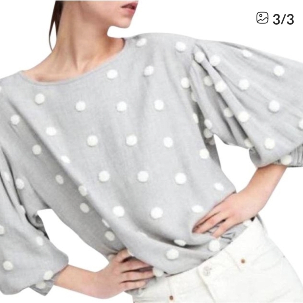 ZARA Puff Sleeve Gray With White Polka Dot Top Size XS